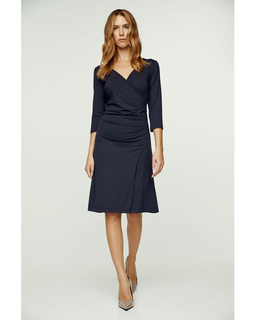 Conquista Blue Navy Faux Wrap Dress In Sustainable Fabric