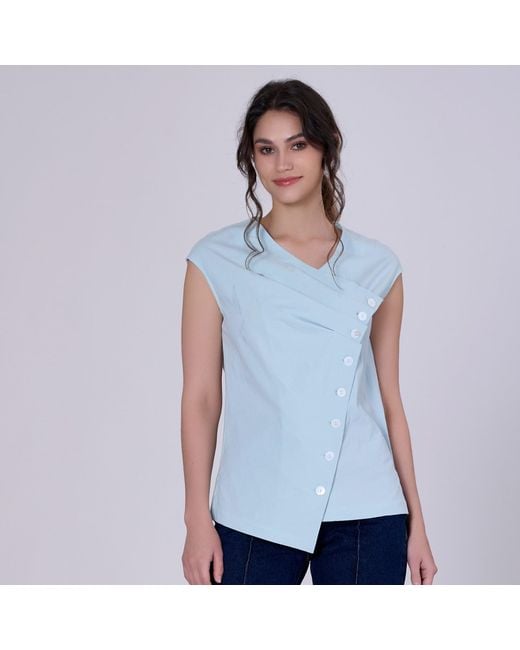 Smart and Joy Blue Double Breasted Pleated Asymmetric Top