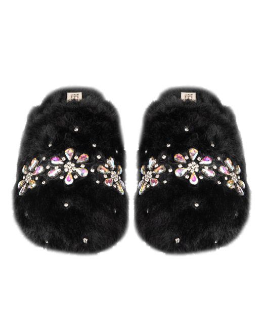 Rettrose Black Kamila Luxury Plush Diamanté Embellished Handmade Slipper