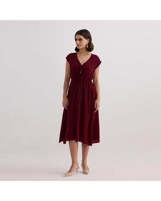 REISTOR Deep V-Neck Gathered Crepe Dress