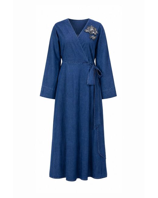 Exquise Blue Delrick Embroidered Wrap Midi Dress With Long Sleeves & Belt