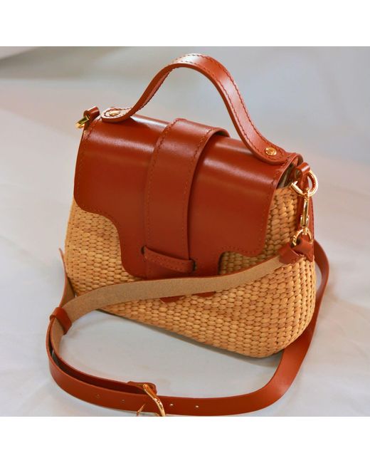 Silk and Bears Brown Handwoven Water Hyacinth Mini Crossbody Bag – Tan Leather Trim