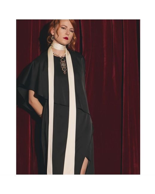 Julia Allert Black Structured Satin Cape Dress With Contrast Scarf