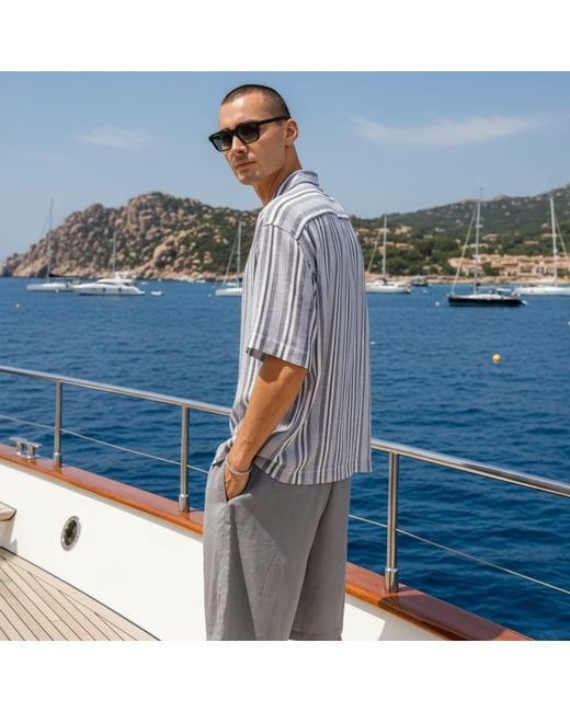 ORIGIN OF HEARTS Gray Nima Striped Cotton Resort Shirt for men