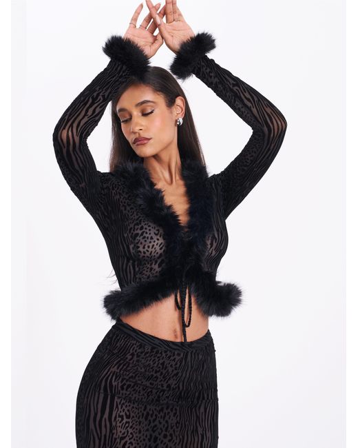 Miss Circle New York Black Hali Animal Print Burnout Velvet Fur Trim Top