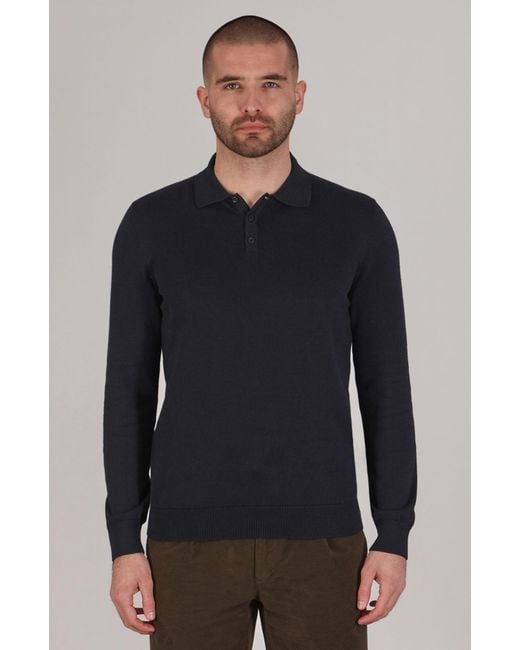 Paul James Knitwear Blue Lightweight Cotton Hall Long Sleeve Knitted Polo Shirt for men