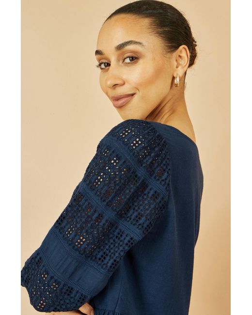 Yumi' Blue Cotton Tunic With Broderie Anglaise Puff Sleeves