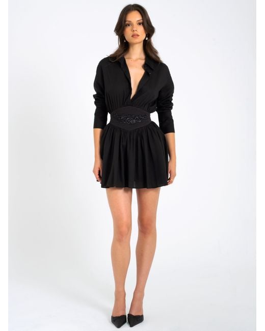 Miss Circle New York Black Jamila Shirt Mini Dress With Embroidered Waist Detail