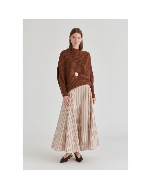 Paisie Natural Neutrals Striped Flared Maxi Skirt With Godet Paneling