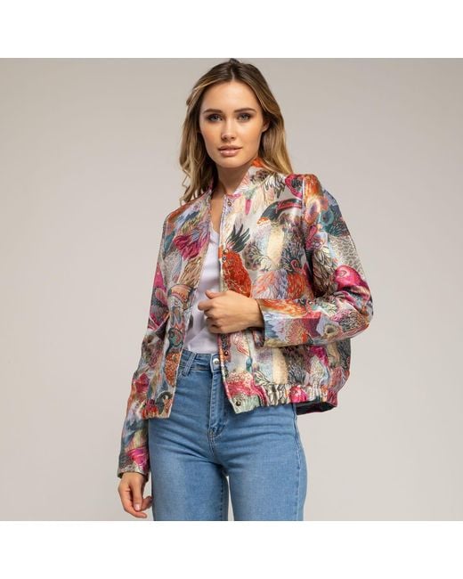 Tantra Spain Sl Printed Brocade Jacket With Gathered Waist, Clip Closure, And Front Flap Pockets