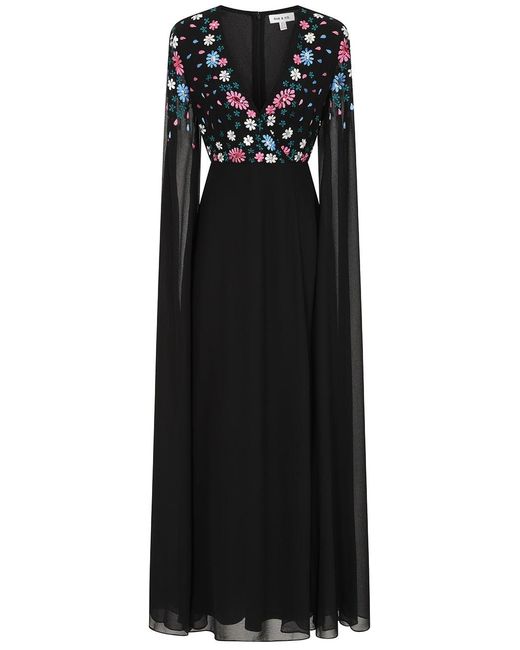 Frock and Frill Black Mayra Floral Embroidered Cape Sleeve Maxi Dress