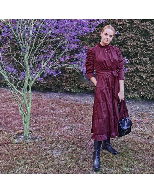 Lalipop Design Purple Cotton Poplin Burgundy Midi Dress