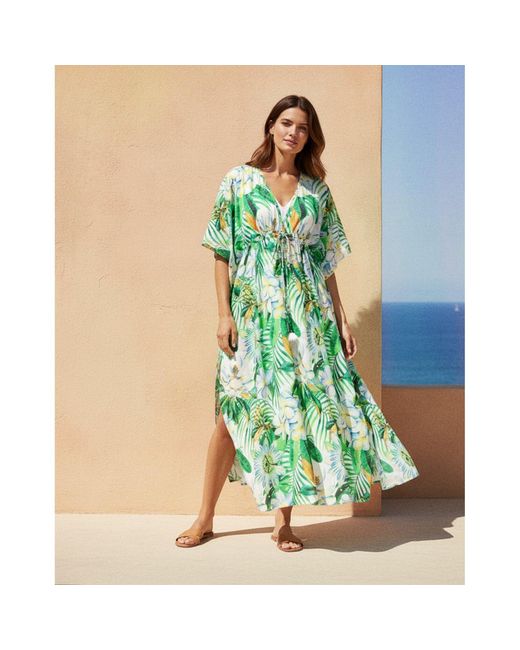 NoLoGo-chic Green Passion Flower Mustique Kaftan Cotton Cambric Multi
