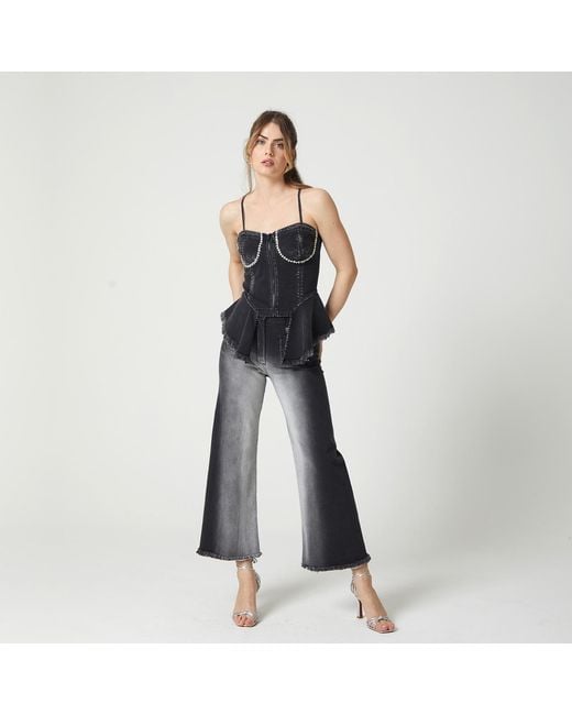 Lalipop Design Gray Gradient Effect Studded Denim Pants