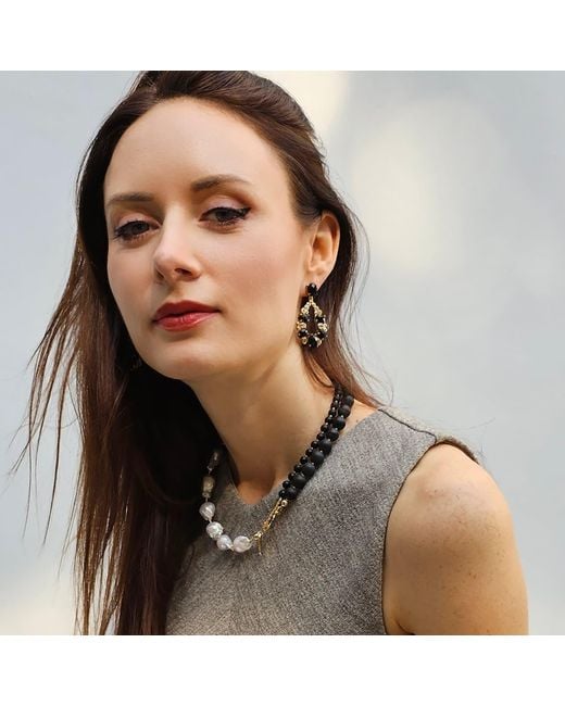 Farra Metallic Teardrop Shaped Obsidian Statement Earrings