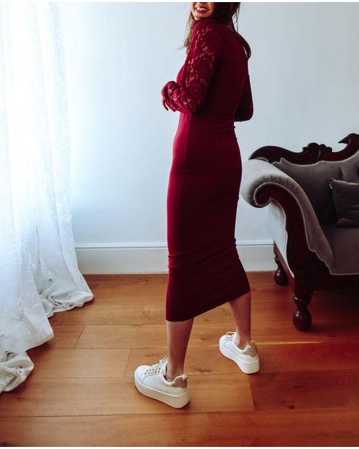 Sophie Cameron Davies Red Burgundy Lace Sleeve Jersey Midi Dress