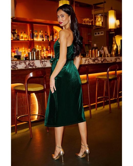 Yumi' Green Velvet Frill One Shoulder Midi Dress With Split Hem
