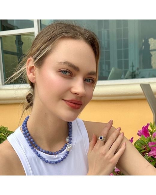 Farra White Lapis Stone Platinum Plated Brass Adjustable Ring