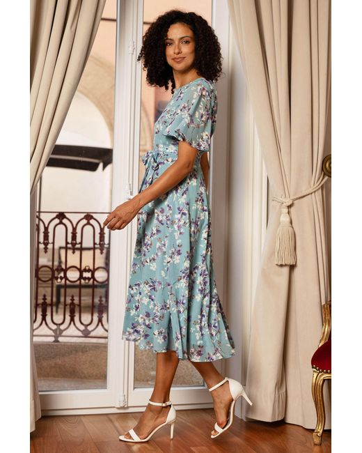Yumi' Blue Blossom Skater Midi Dress With Angel Sleeves