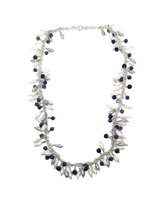 Tg-Jewellery by Tamara Gervasio Metallic Grappolo Fresh Water Pearls, Amethyst And Iolite Necklace One Of A Kind