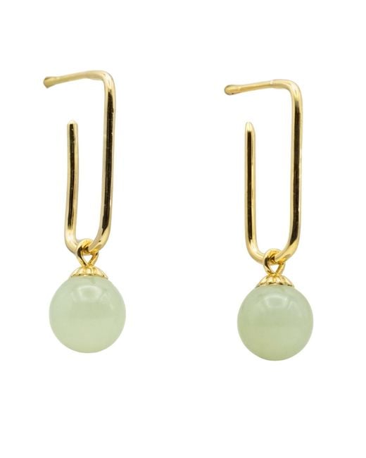 seree White Pin Green Jade Bead Gold Earrings
