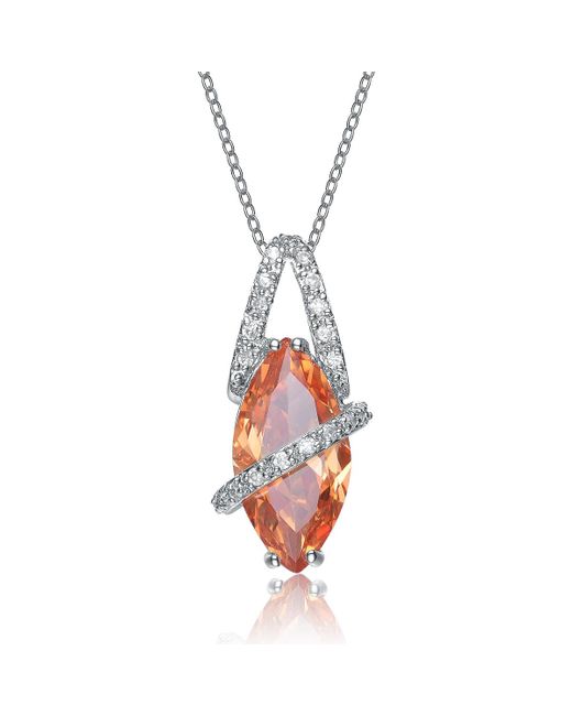 Genevive Jewelry White Sterling Silver Orange Cubic Zirconia Stone Oval Band Pendant