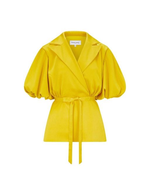 Femponiq Yellow Draped Puff Sleeve Satin Blouse