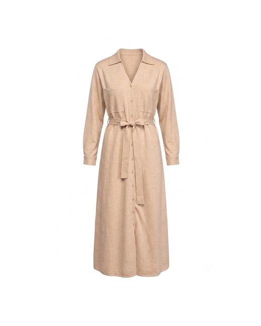Tantra Spain Sl Natural Neutrals Long Knit Shirt Dress With Chest Pockets And Belt