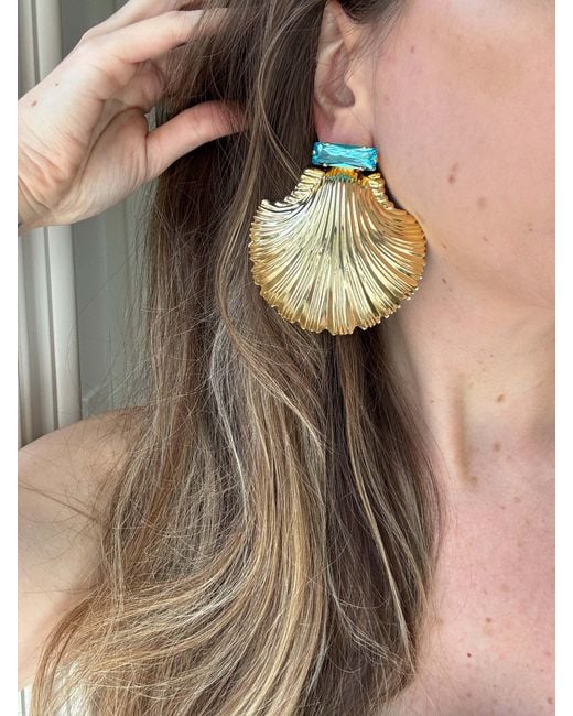 Laura Gray Green Large Aqua Crystal Shell Earrings