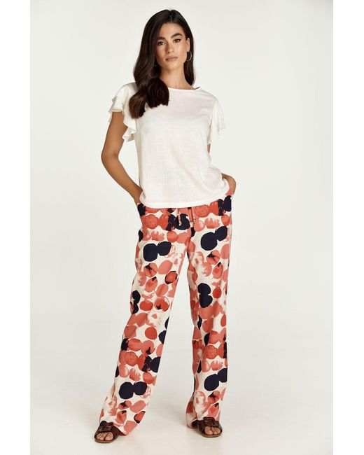 Conquista Red Apricot Print Linen Style Wide Leg Pants