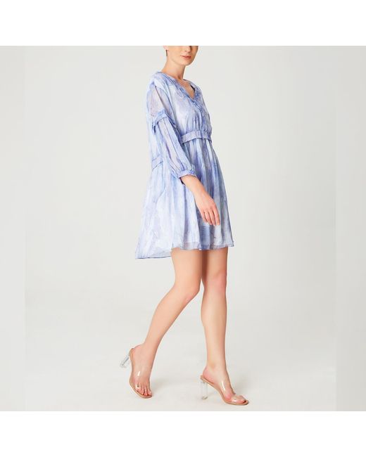 Smart and Joy Blue Short Trapeze Chiffon Dress With Abstract Print