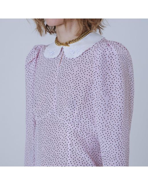 SVETA Milano Purple Seattle Polka-Dot Silk Dress With Embroidered Collar