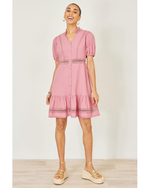Yumi' Pink Cotton Lace Trim Skater Shirt Dress