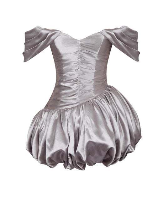 Miss Circle New York Gray Neutrals Milena Champagne Ruched Asymmetrical Bubble Mini Dress