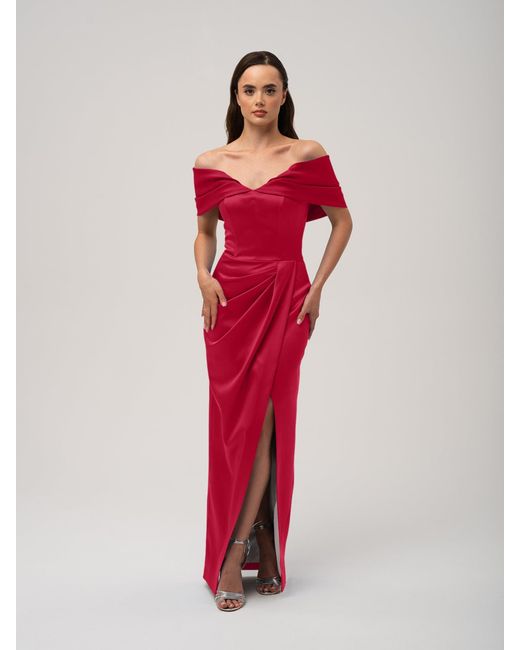 Tia Dorraine Red Heavenly Kissed Draped Satin Maxi Dress