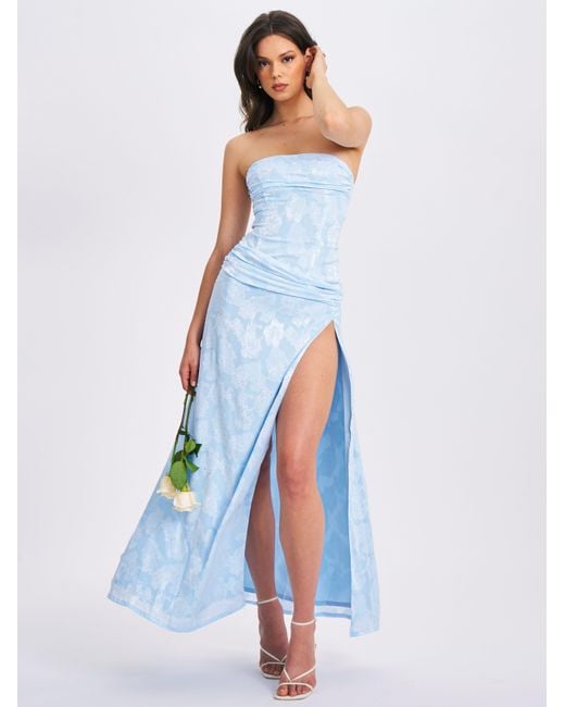 Miss Circle New York Blue Xatia Baby Jacquard Textured High Slit Maxi Dress