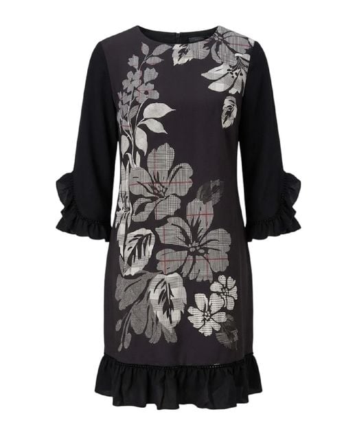 Conquista Black Floral Print Shift Dress With Ruffle Details