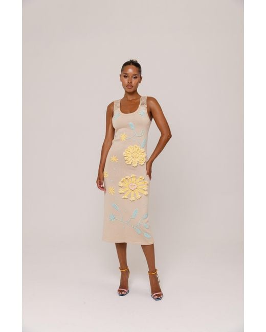 Andreeva Metallic Neutrals Butter Daisy Knit Dress With Handmade Embroidery