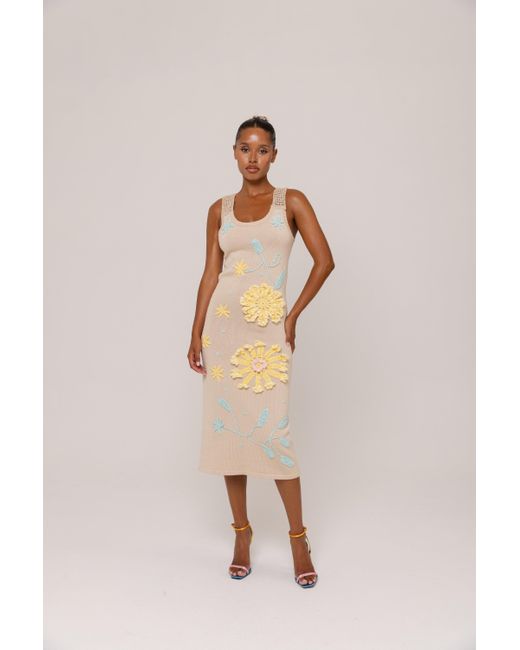Andreeva Metallic Neutrals Butter Daisy Knit Dress With Handmade Embroidery