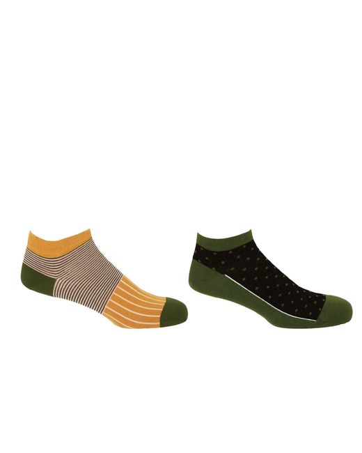 Peper Harow - Made in England Green Oxford Stripe Mustard & Polka Khaki Trainer Socks Bundle for men