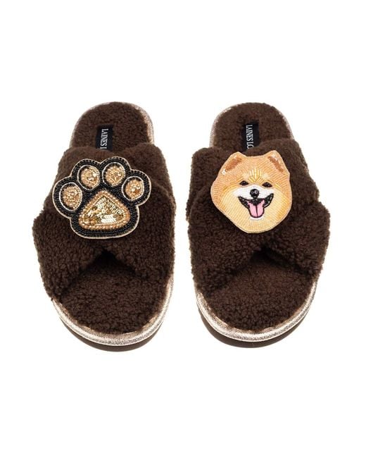 Laines London Brown Neutrals Laines Neutral Boucle Slippers With Teddy The Pomeranian & Paw Brooches