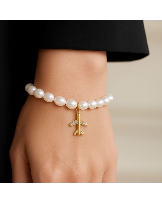My Little Nature Metallic Handmade Cultured Freshwater Pearls Bracelet With Plane Charm And Magnetic Clasp