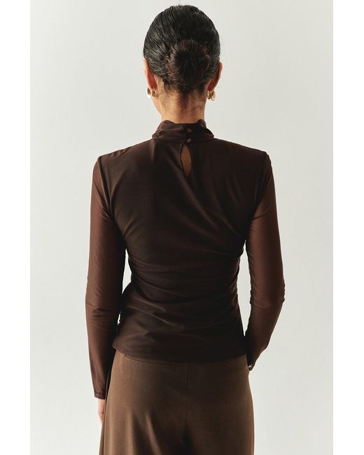 Exquise Black Drew Blouse Draped Mesh Turtleneck Blouse