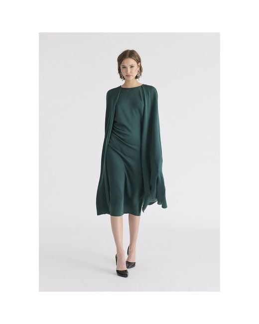 Paisie Green Cape Sleeves Dress With Waist Details