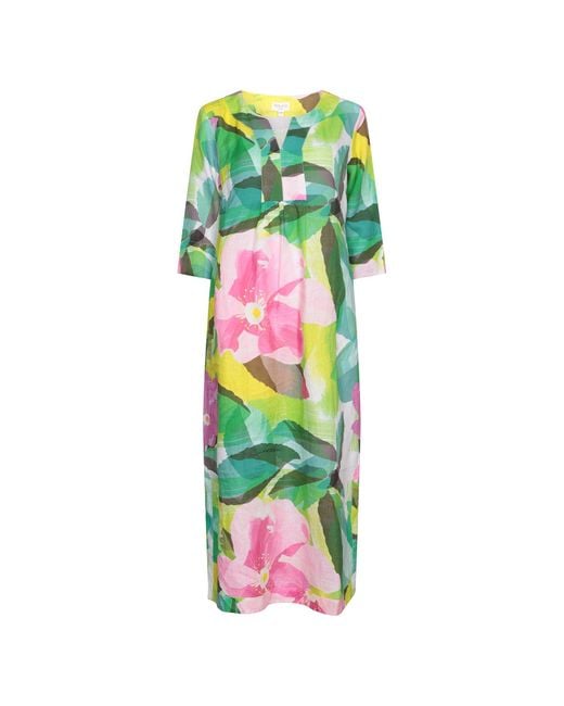 NoLoGo-chic Green Paper Rose Print Linen Maxi Dress