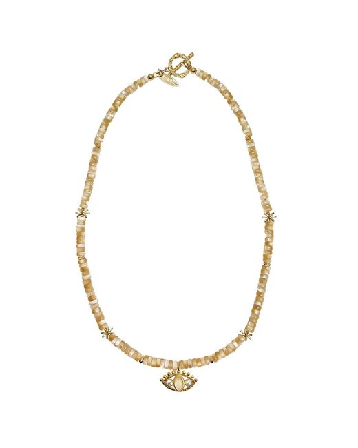 Farra Metallic Neutrals Shell With Turkish Devil Eye Pendant Necklace