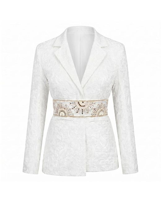 International Appeal White Paisley Blazer With Embellished Waisted Belt