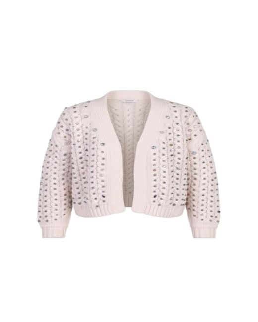 Saachi Pink Cable Knit Ivory Cardigan Gemstone Pattern