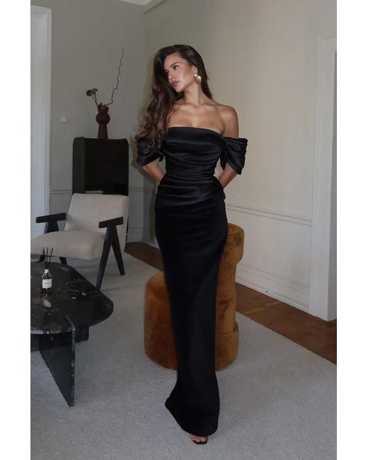 POST MERIDIEM Black Maxi Dress With Draped Bodice & Sleeves