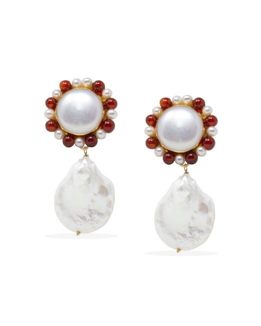Vintouch Italy Metallic Lotus Gold-plated Pearl And Carnelian Earrings
